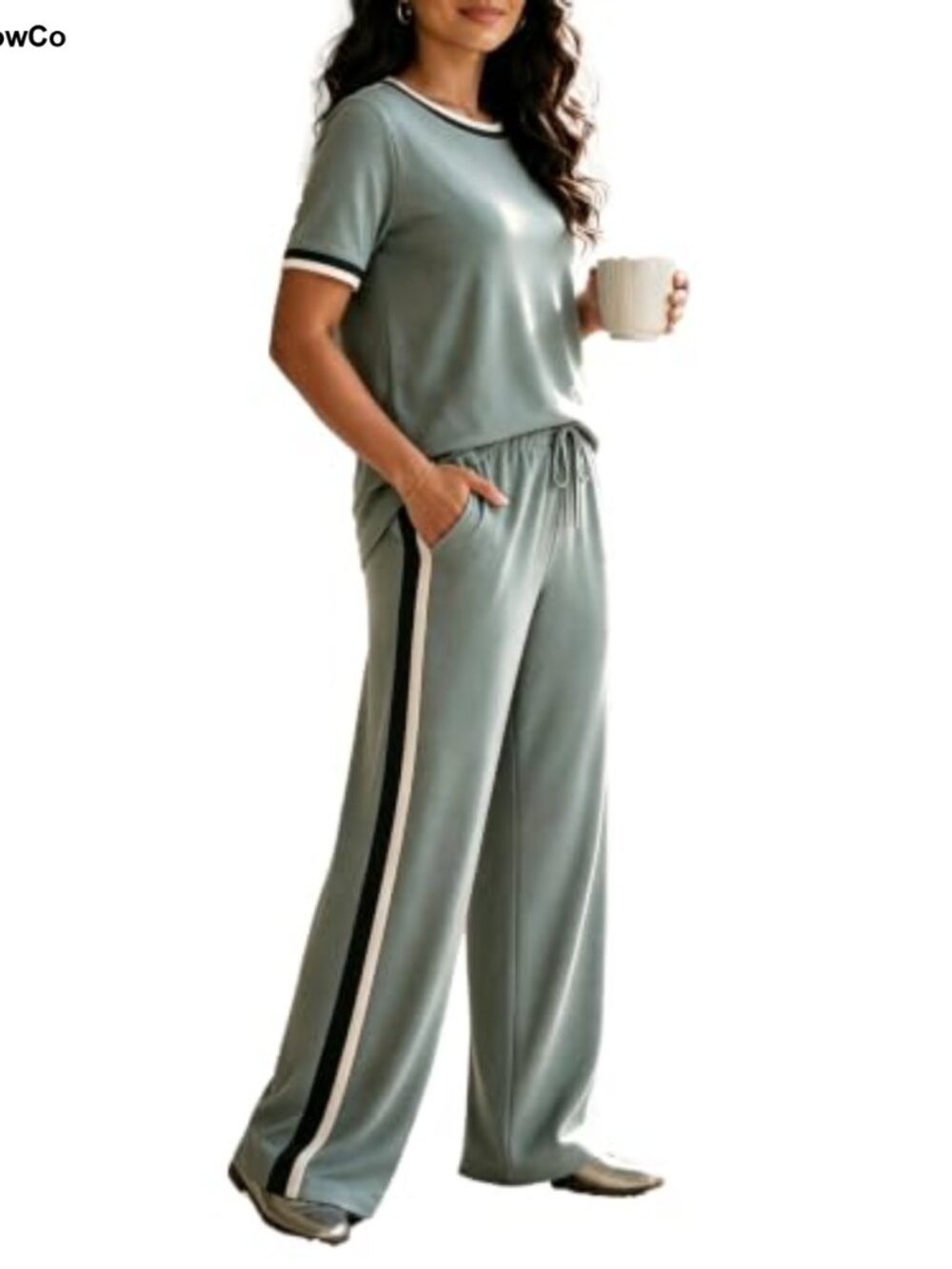 Women's 2 Piece Lounge Set Wide Leg Pants Pockets Crew Neck